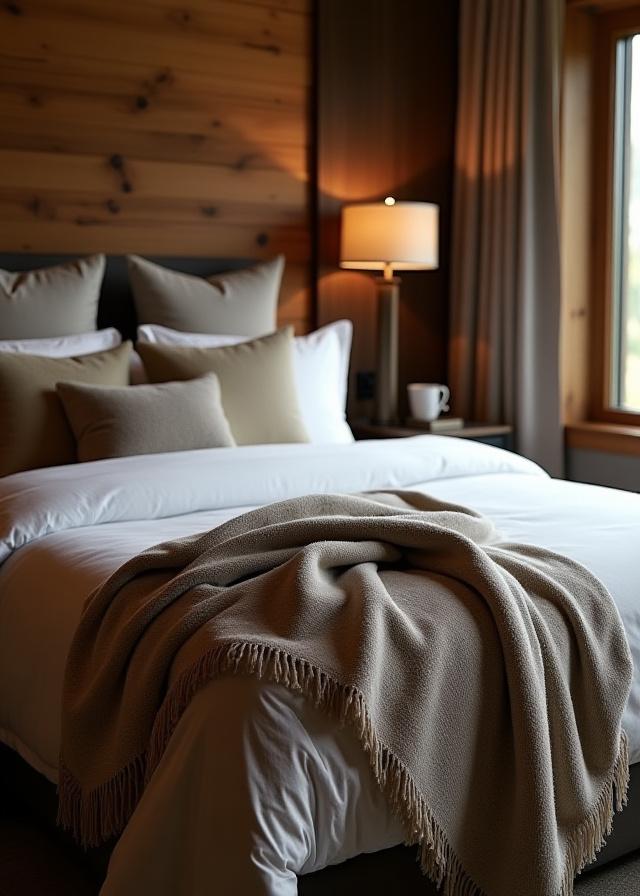 Luxury bedding and throw blankets in a rustic-modern hotel setting in Banff.